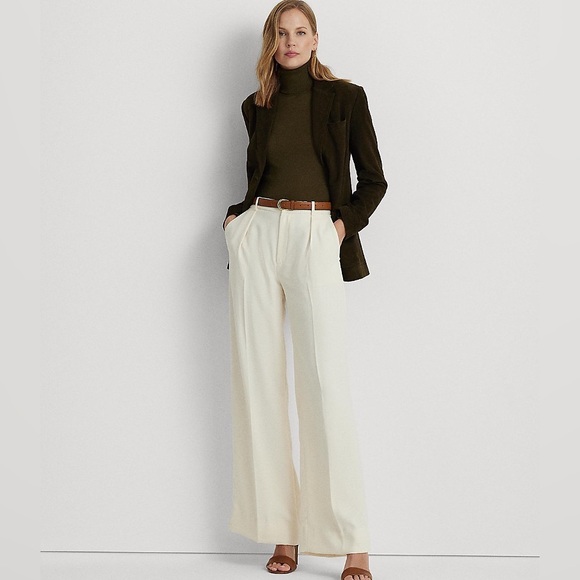 NWT Ralph Lauren High Rise Pleated Front Wide-Leg Cream Trousers 12 Quiet Luxury - Picture 1 of 16